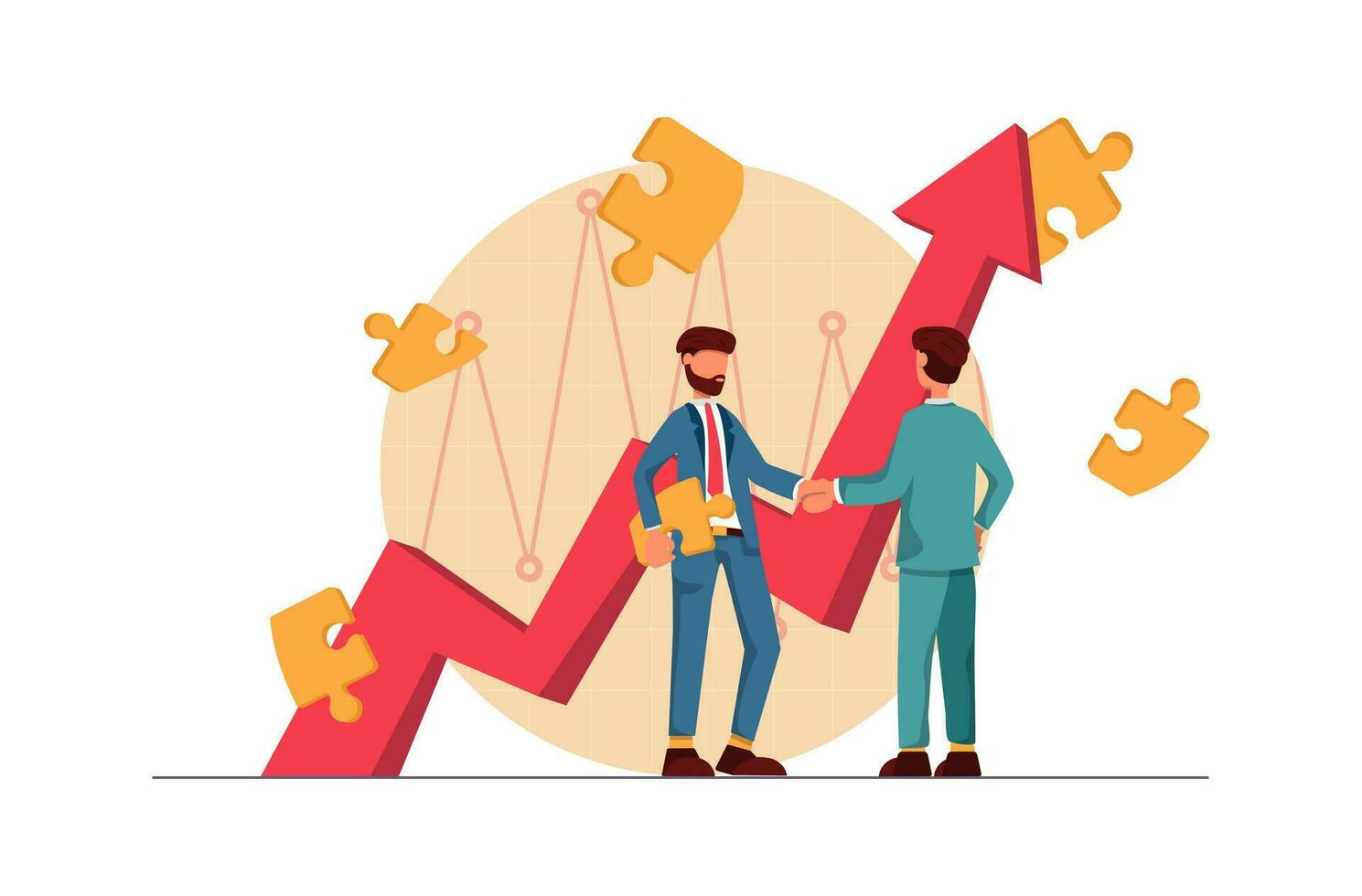 Business growth. The businessmen have made a deal and are shaking hands. There are puzzles all around and the graph arrow grows upwards vector