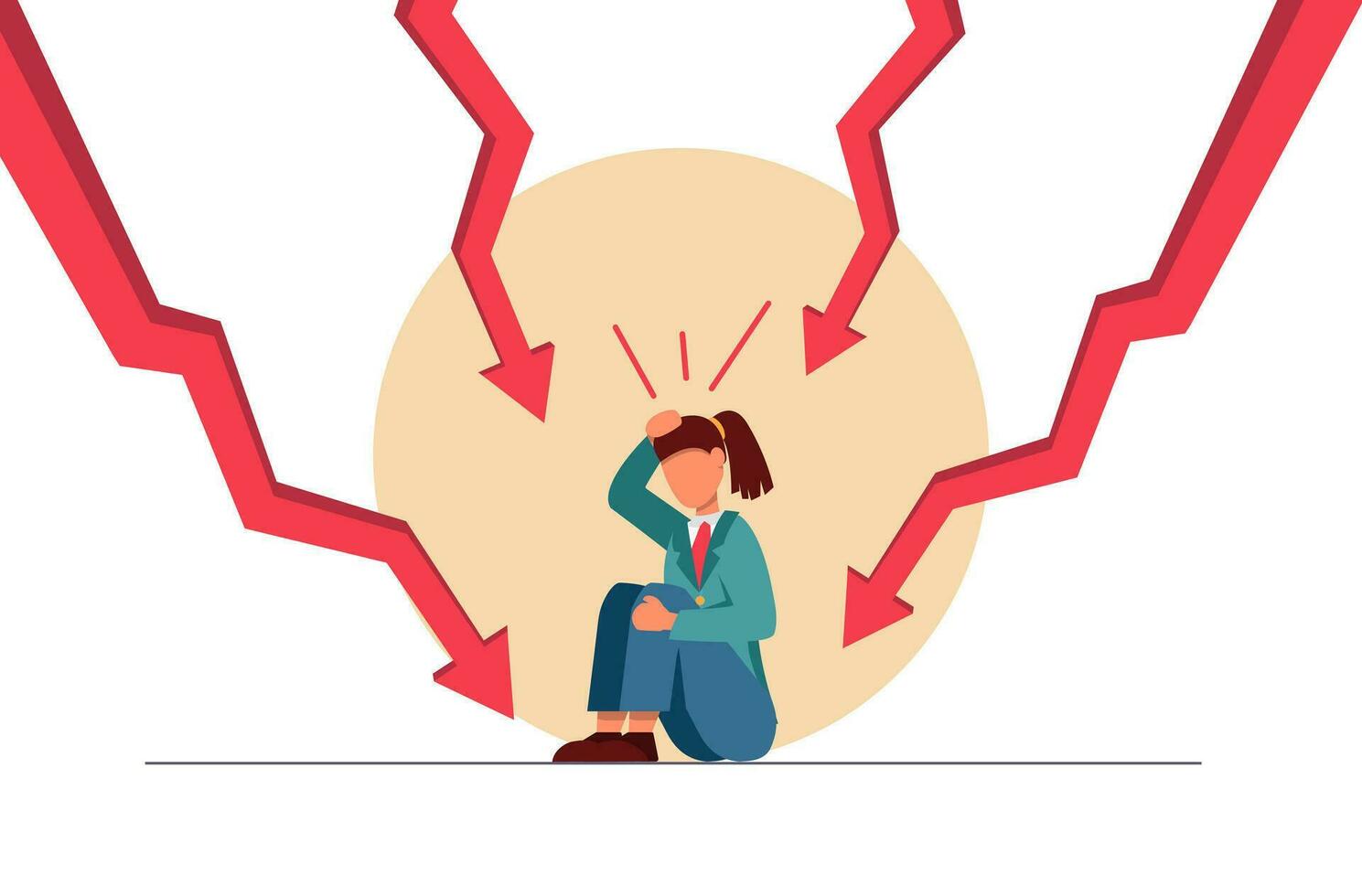 Business crisis. The businessman is desperate. The girl sits under the arrows of the graphs vector