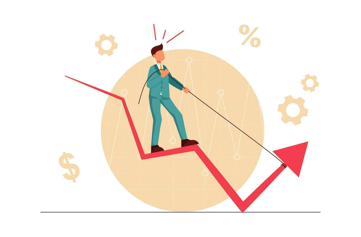 Business crisis. The businessman is trying to get the chart arrow up vector