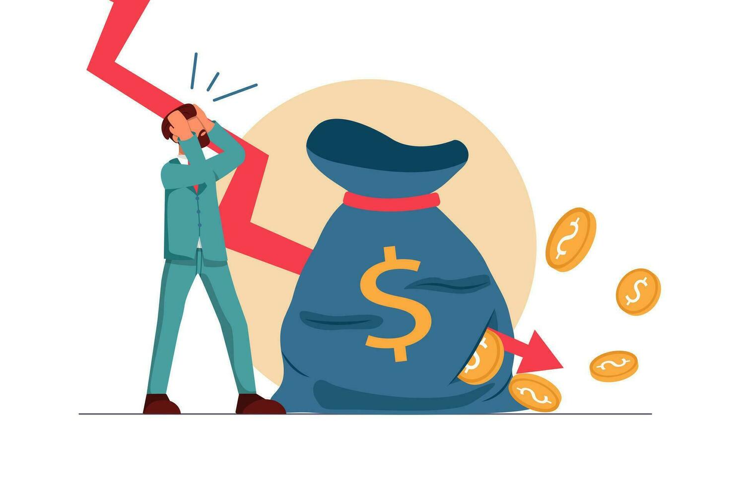 Business crisis. The businessman is desperate, the arrow of the graph has pierced the money bag and coins are pouring out of it vector