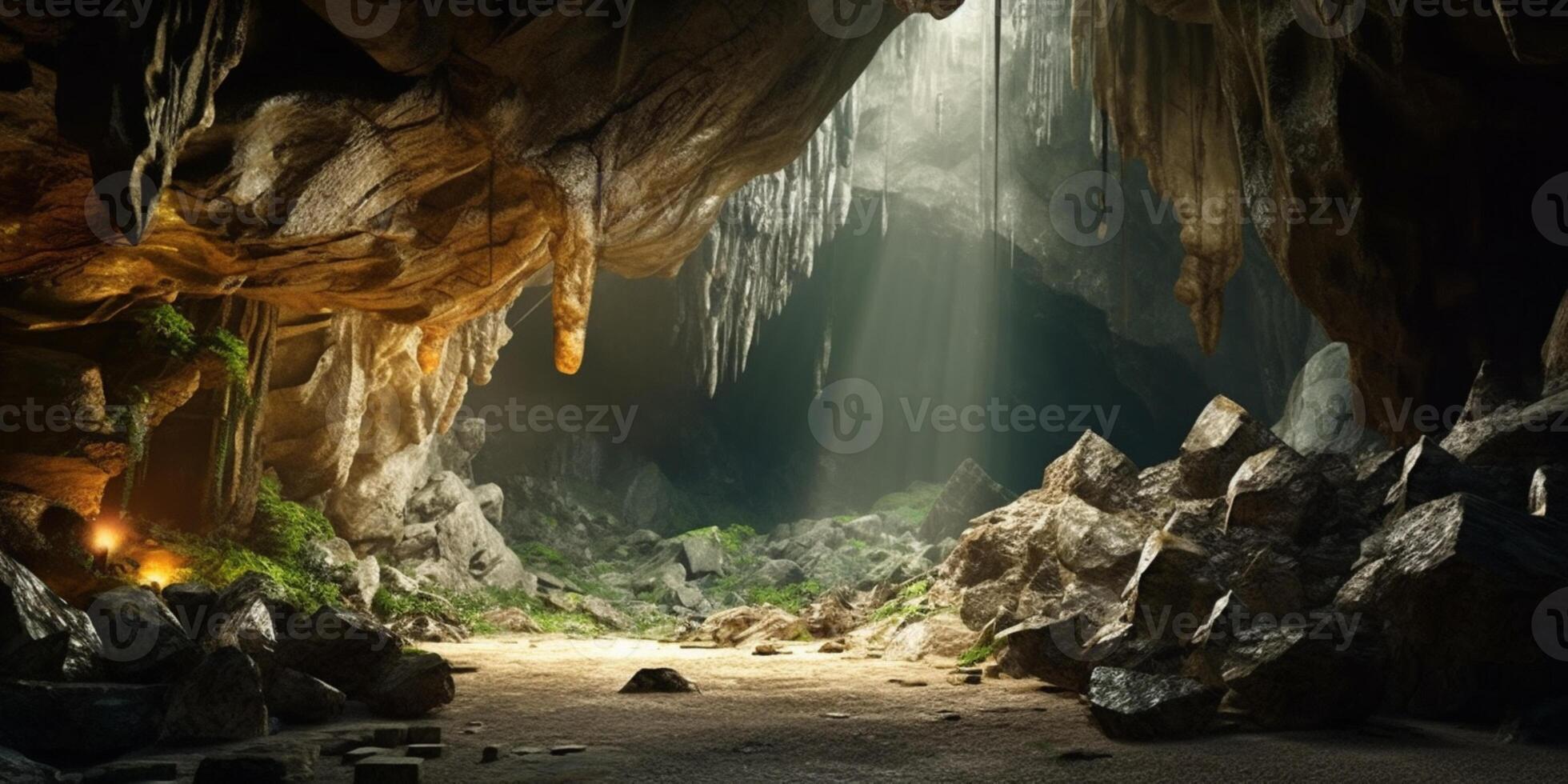 cascada y cámara cueva Copiar espacio borroso fondo, ai generado foto