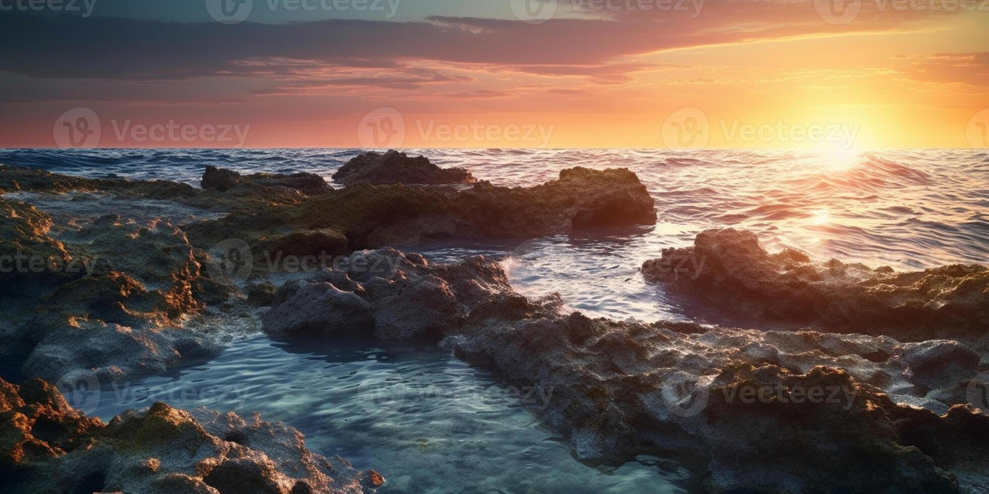 Sunset on rock reef copy space blurred background, AI Generated photo