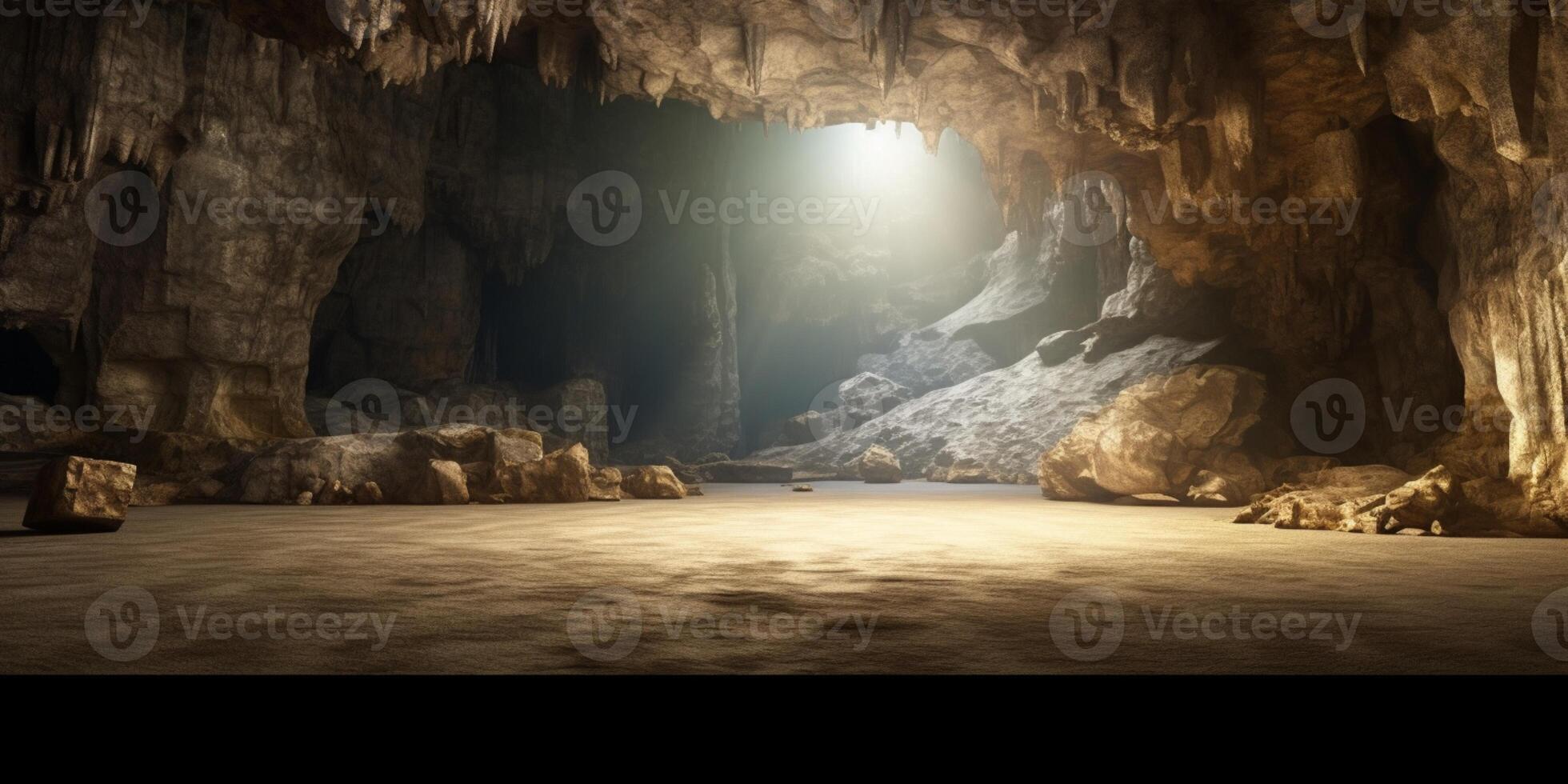 Waterfall and chamber cave copy space blurred background, AI Generated photo