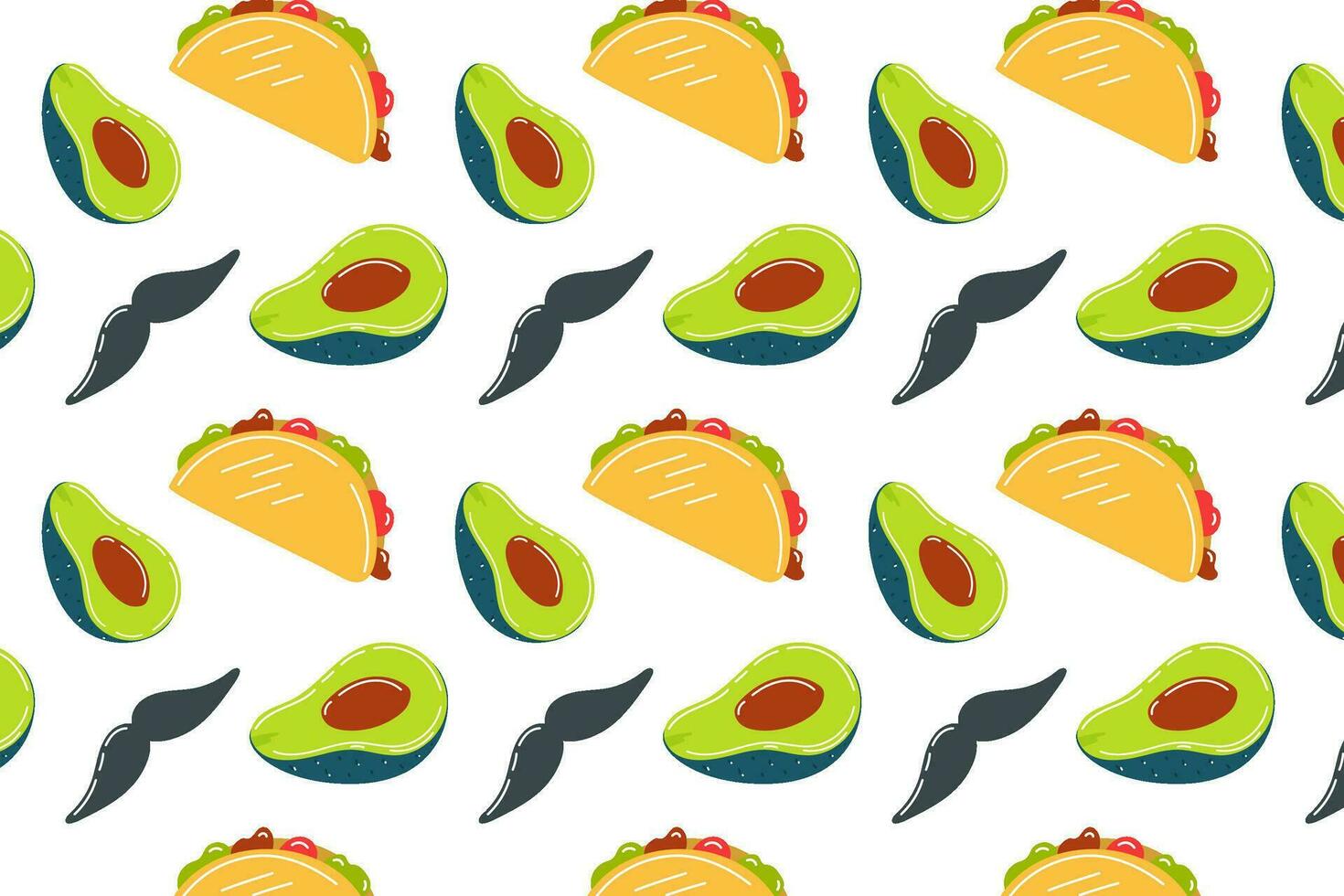 Mexican food, background with Mexican motifs, traditions and Mexican food. Mexican pattern, seamless avocado pattern, tacos and mustache. vector