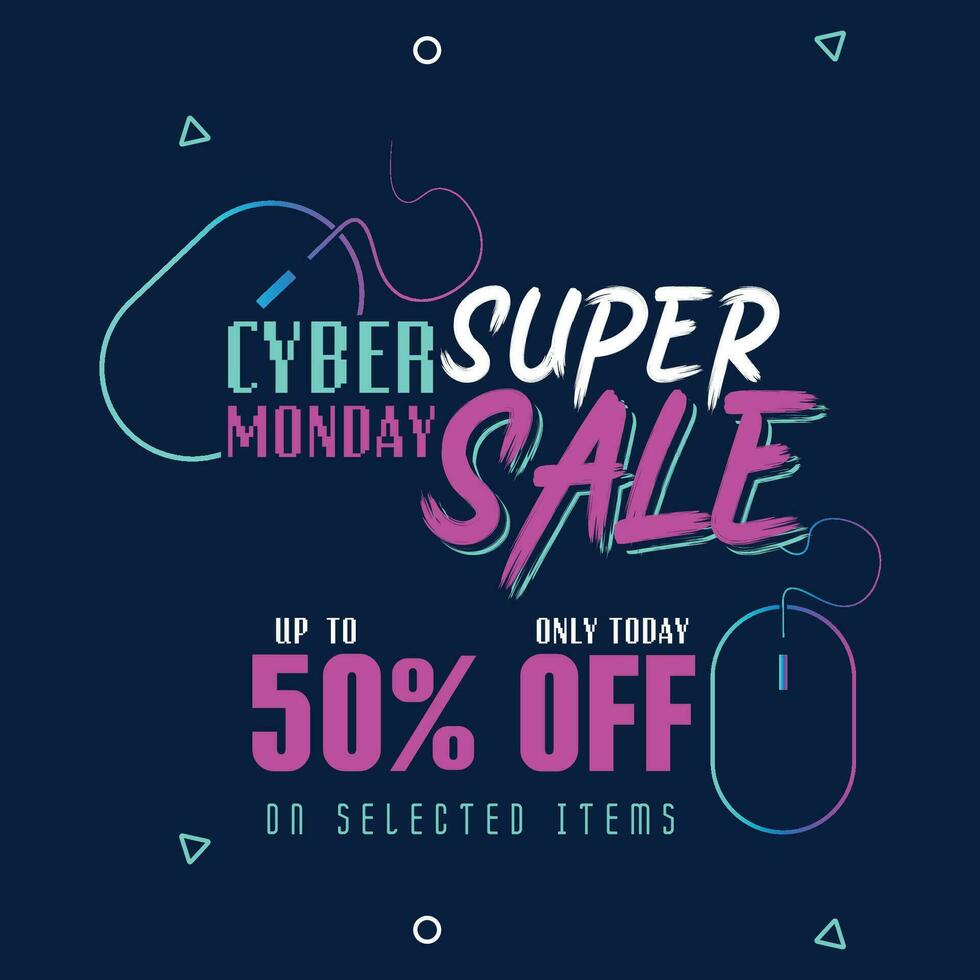 Cyber Monday Colorful Neon Style Super Sale Web Banner. Cyber Monday Sale Special Offer Social Media Post Design. Business, Promotion, and Advertising Vector Template. Seasonal Offers Mega Big Sale