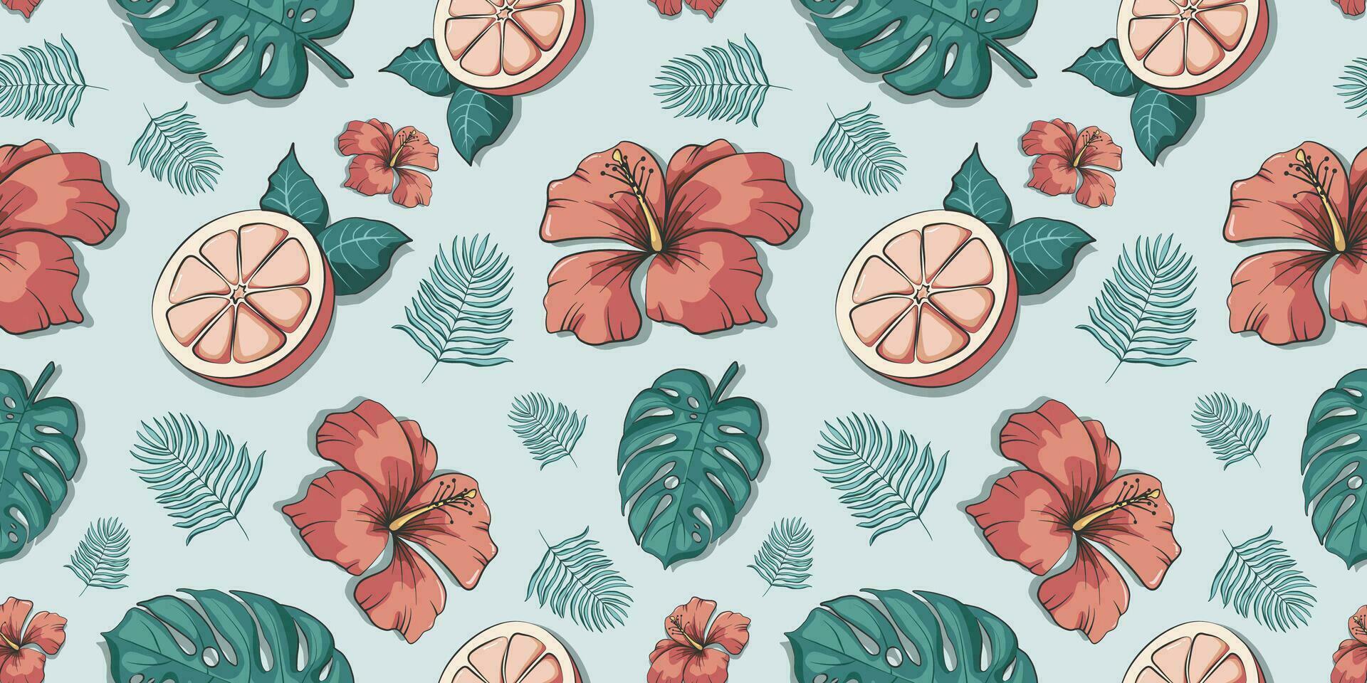 Tropical vector seamless pattern. Can be used for decoration of albums, blog, web sites, postcard, poster, wrapping paper. Elements of monstera and palm leaves,  grapefruit and hibiscus .