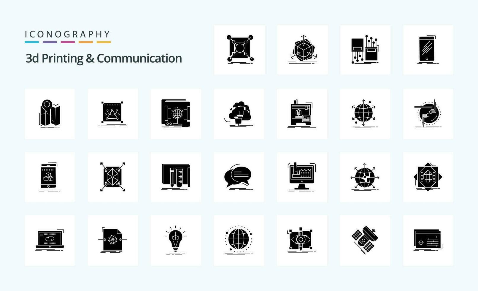 25 3d impresión y comunicación sólido glifo icono paquete vector