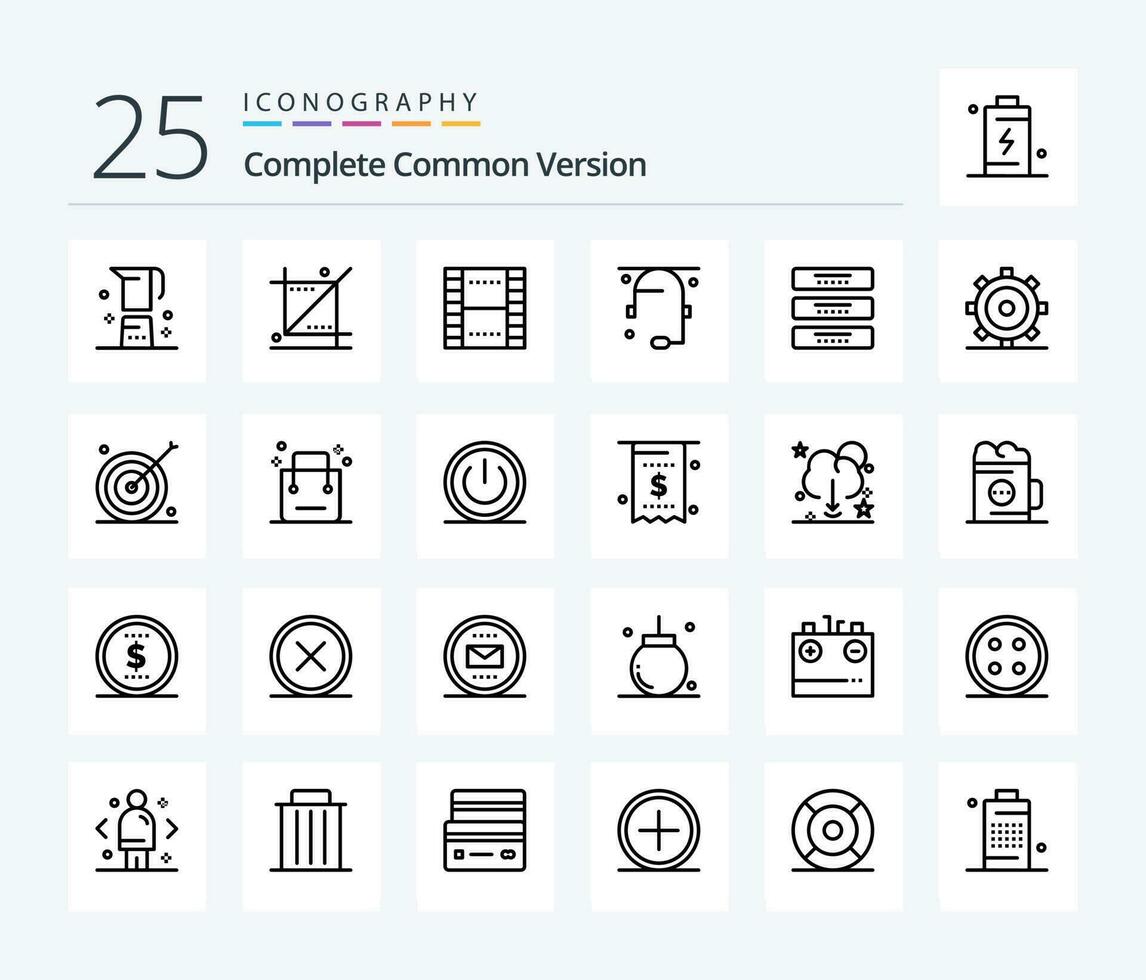 Complete Common Version 25 Line icon pack including help. communication. tool. ux. film vector