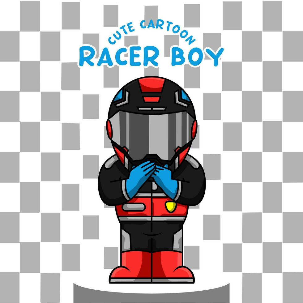 Cute Cartoon racer boy wearing helmet and racing suit vector