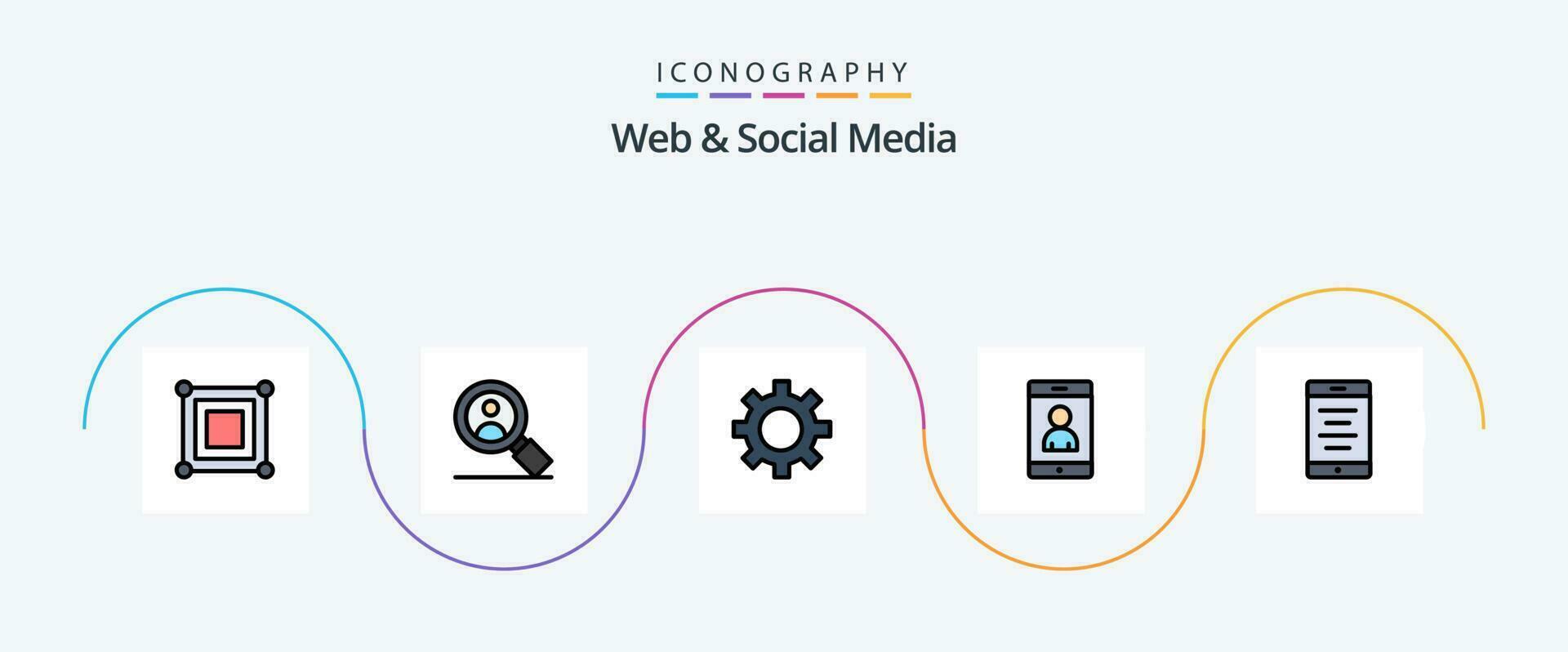 Web And Social Media Line Filled Flat 5 Icon Pack Including . cell. gear. text. user vector