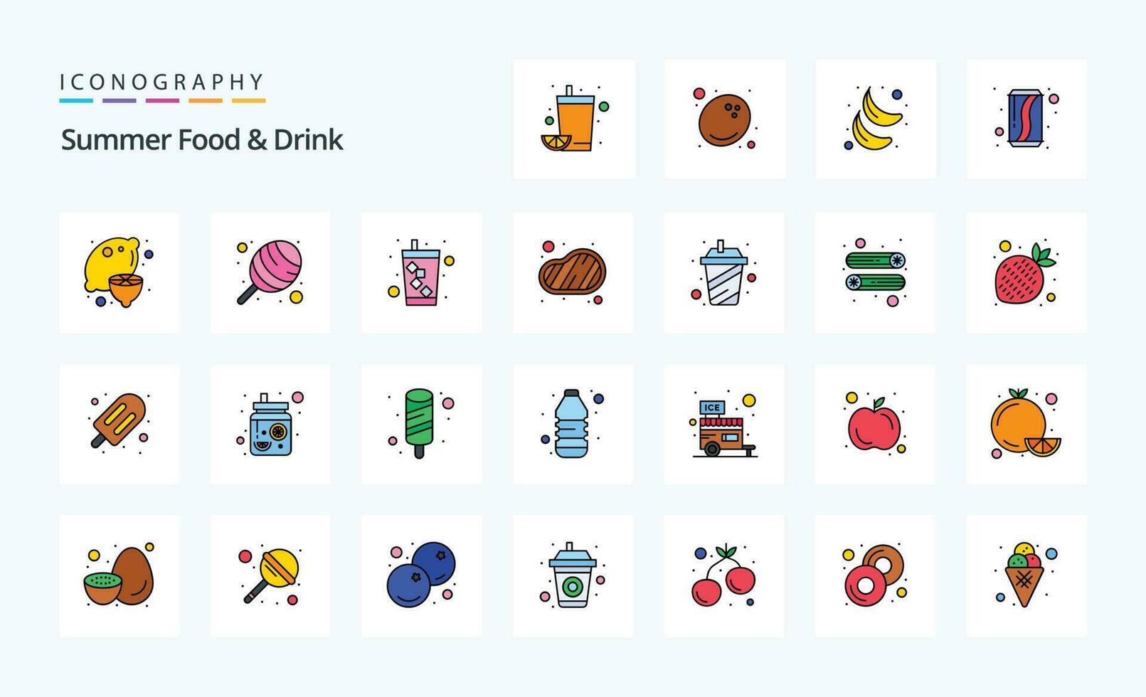 25 verano comida bebida línea lleno estilo icono paquete vector