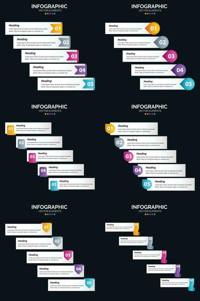 plantilla de diapositiva de presentación del paquete de infografías vectoriales 6 diagramas de ciclo de 5 pasos y líneas de tiempo vector