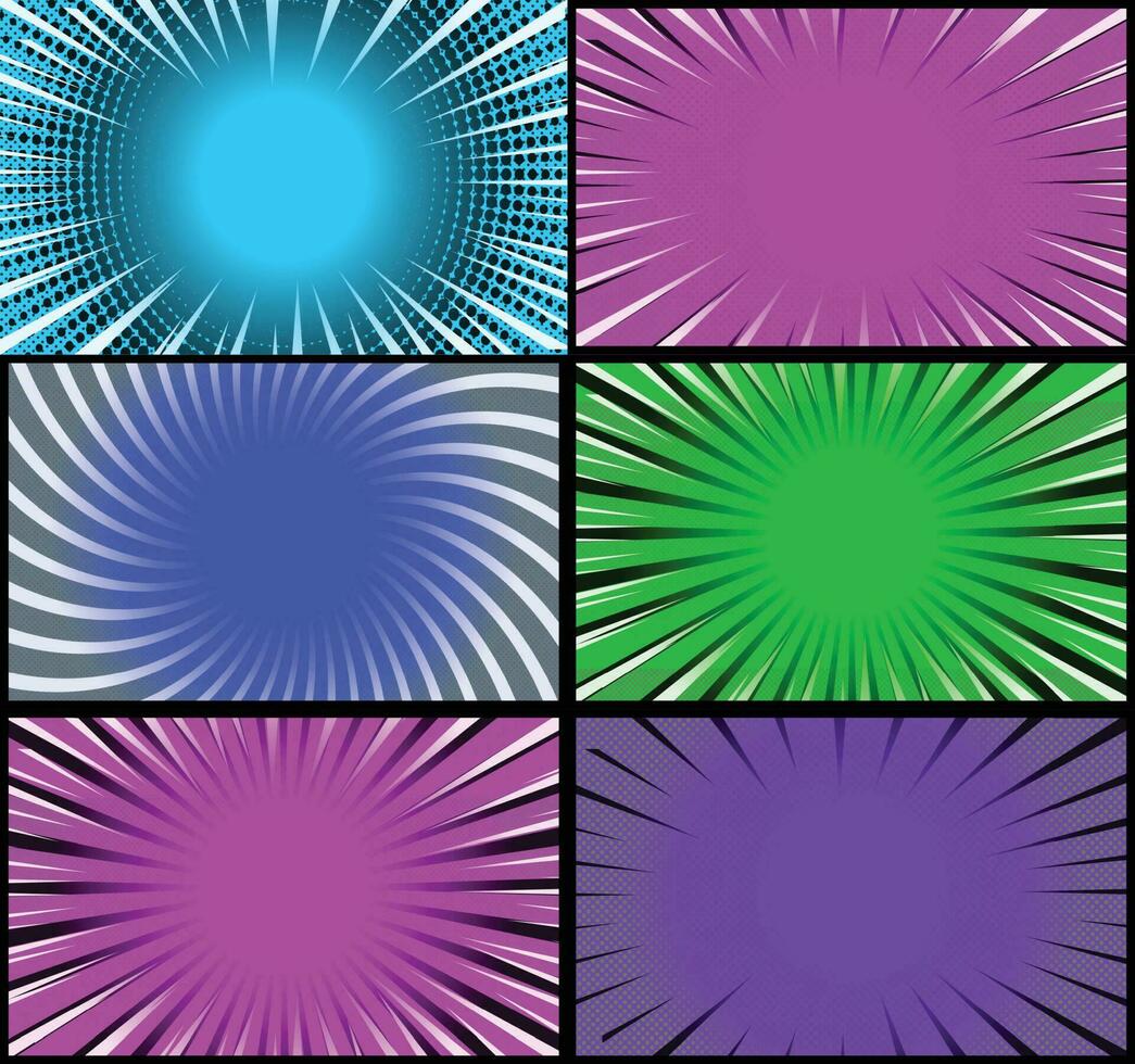 Comic book colorful frames background with halftone rays radial and dotted effects pop art style vector