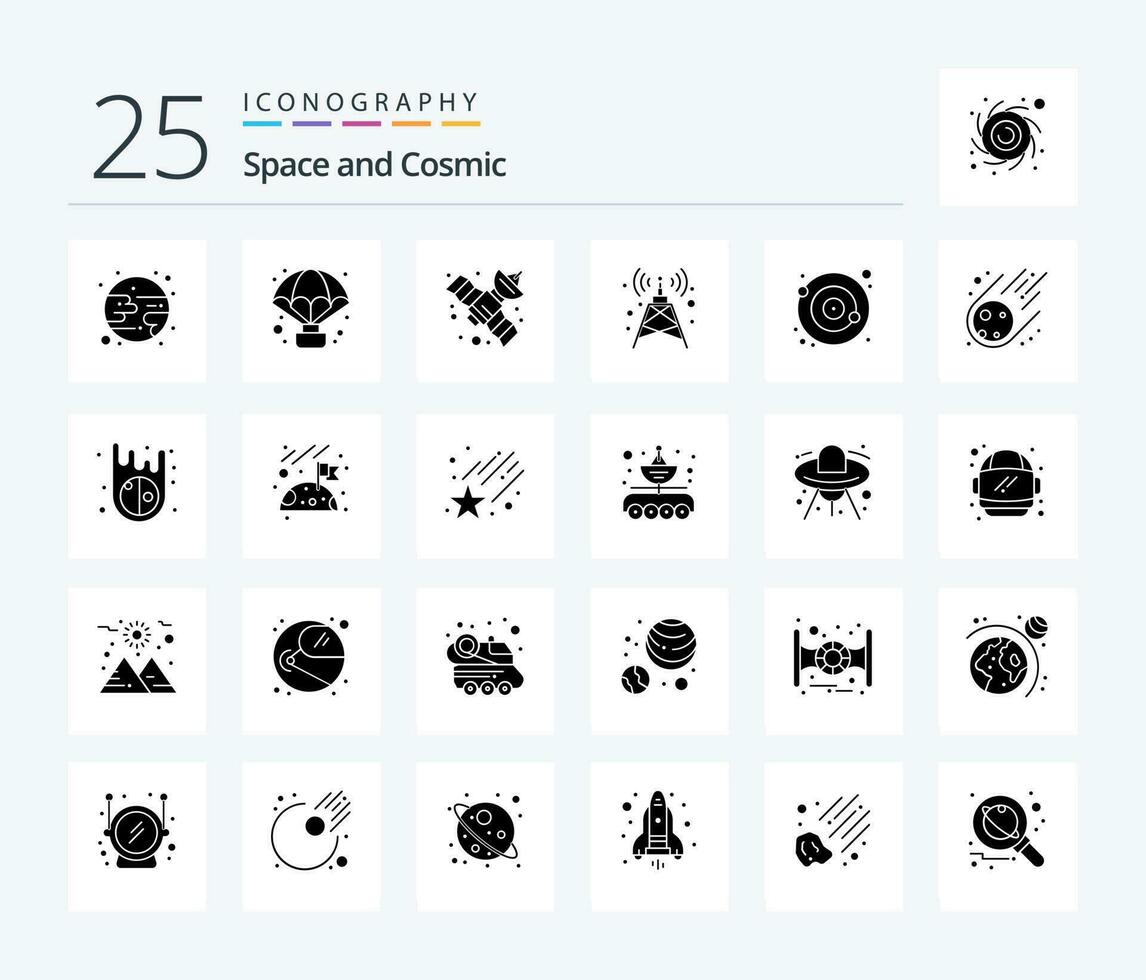 Space 25 Solid Glyph icon pack including meteorite. orbit. satellite. moon. tower vector