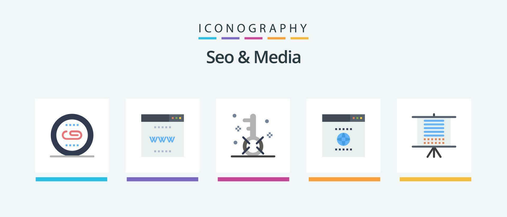 seo y medios de comunicación plano 5 5 icono paquete incluso tablero. SEO sitio. navegador. mejoramiento. creativo íconos diseño vector