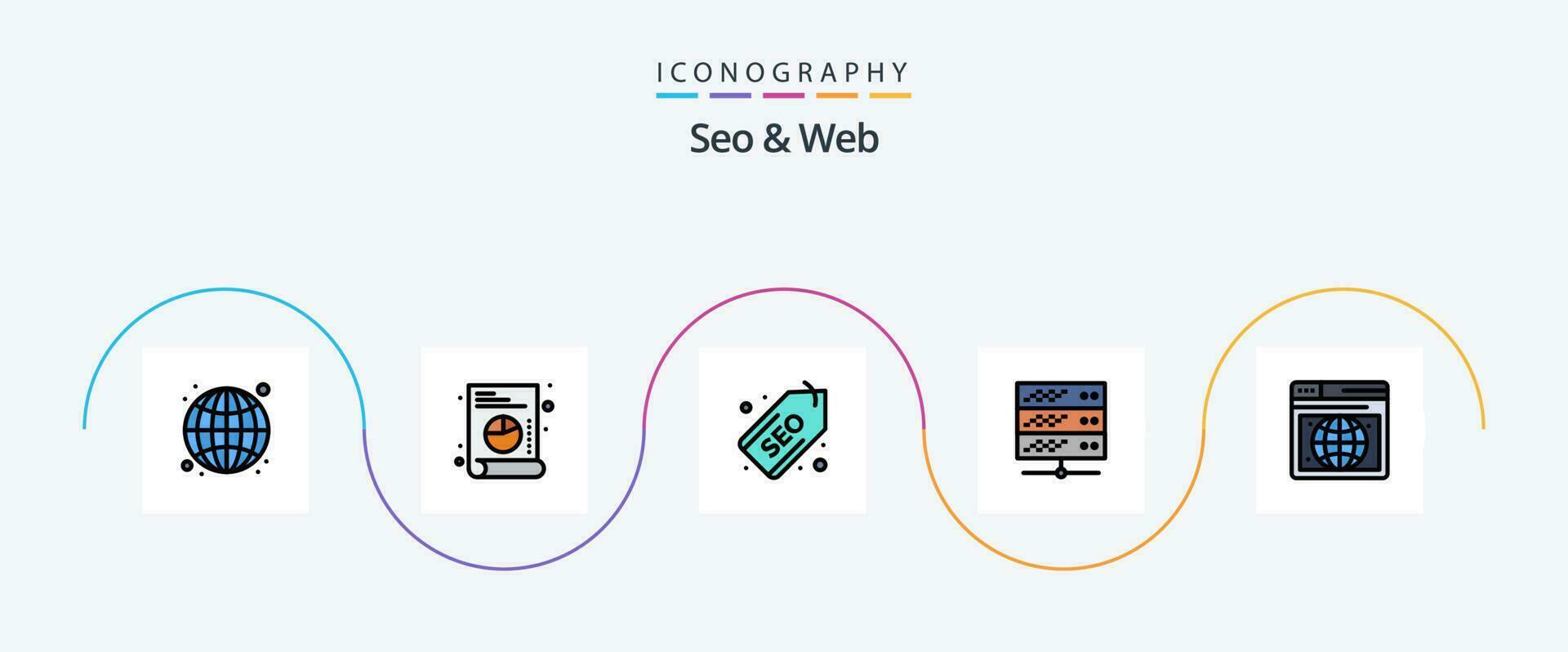 Seo and Web Line Filled Flat 5 Icon Pack Including webpage. seo. tag. web. network server vector