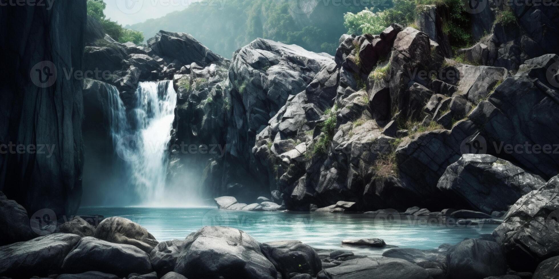 Waterfall and stone copy space blurred background, photo