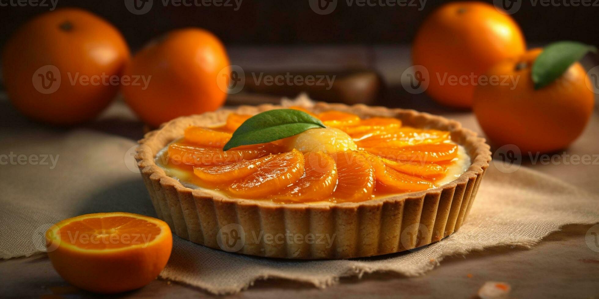 Pie tart orange fruit cake dessert blurred background, AI Generateand photo