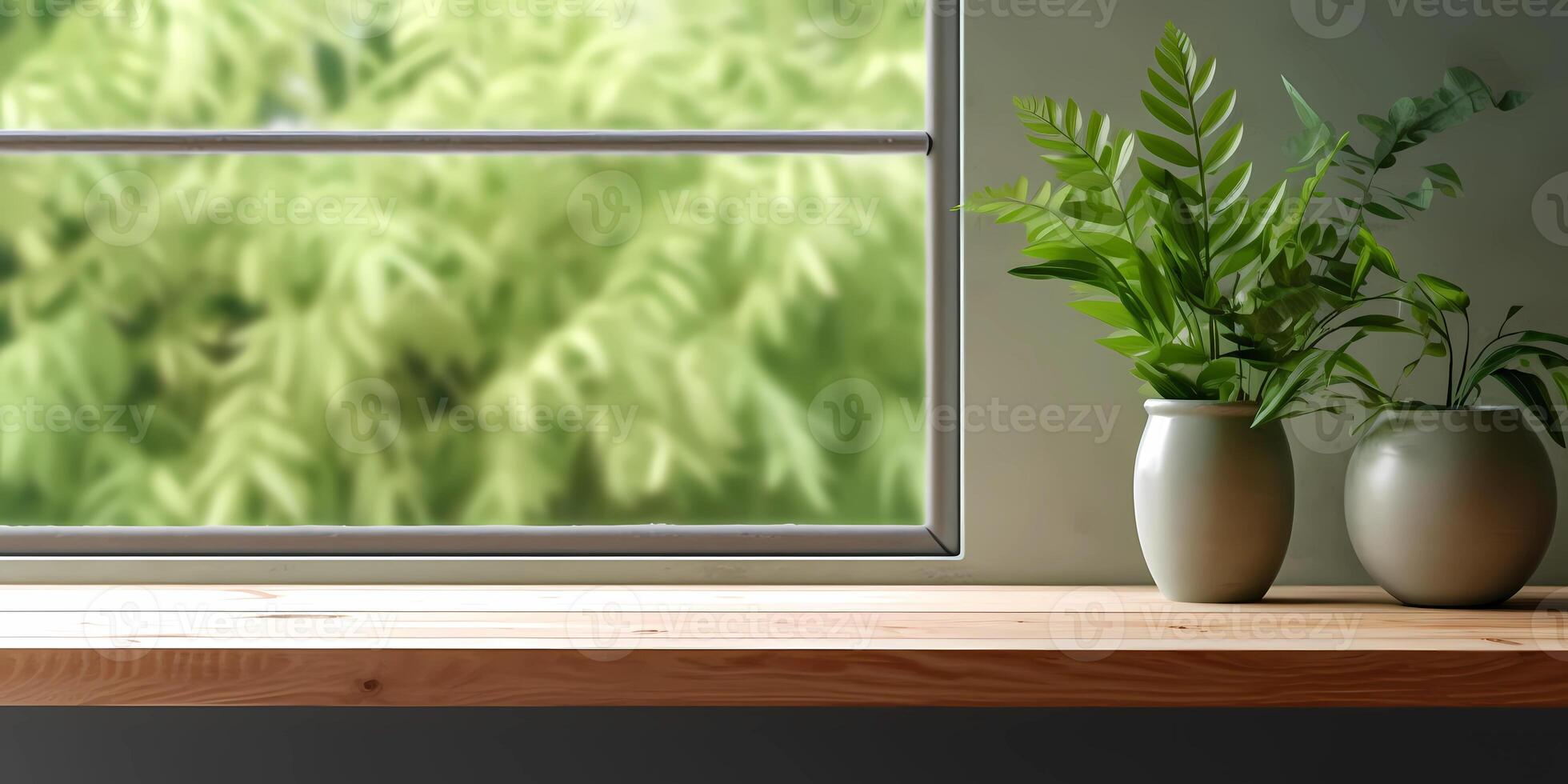 Wood table and window with plant with sun light copy space blurred background, AI Generated photo