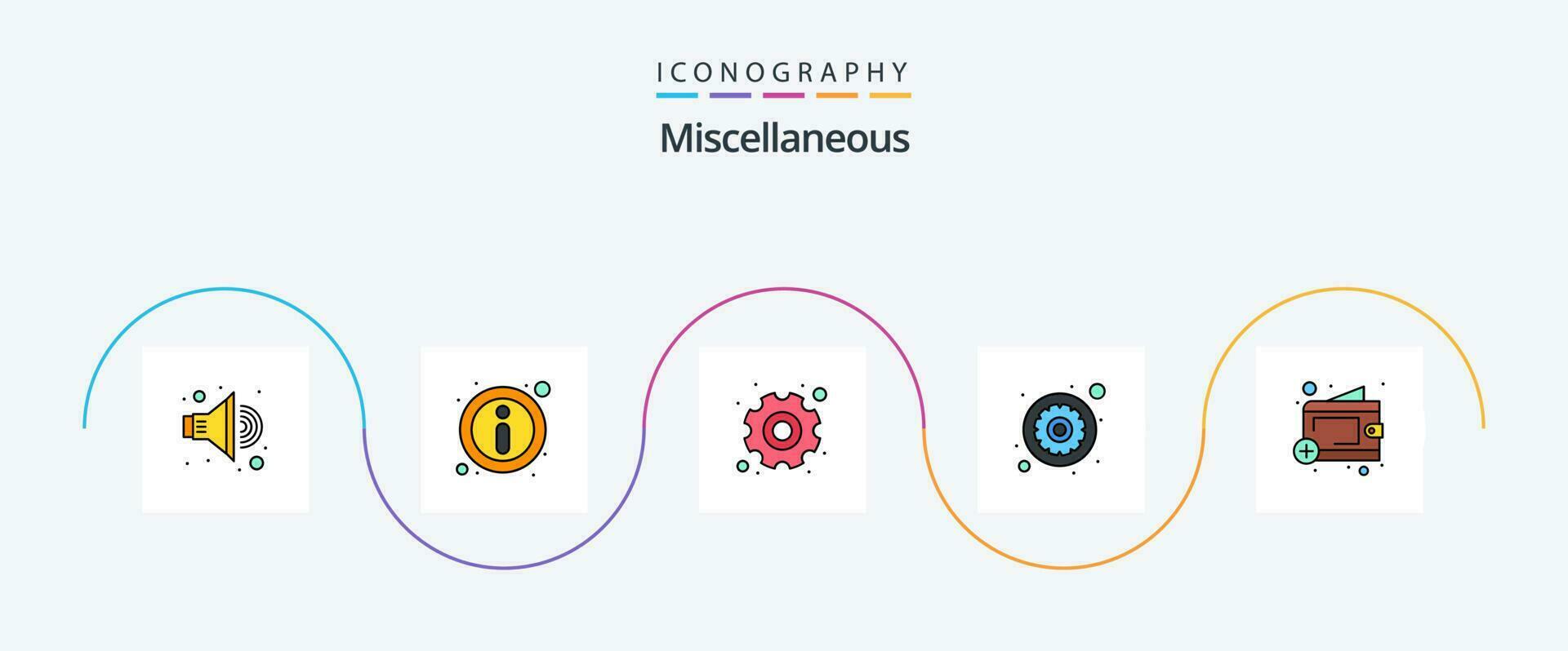 Miscellaneous Line Filled Flat 5 Icon Pack Including wallet. gear. setup. manage vector