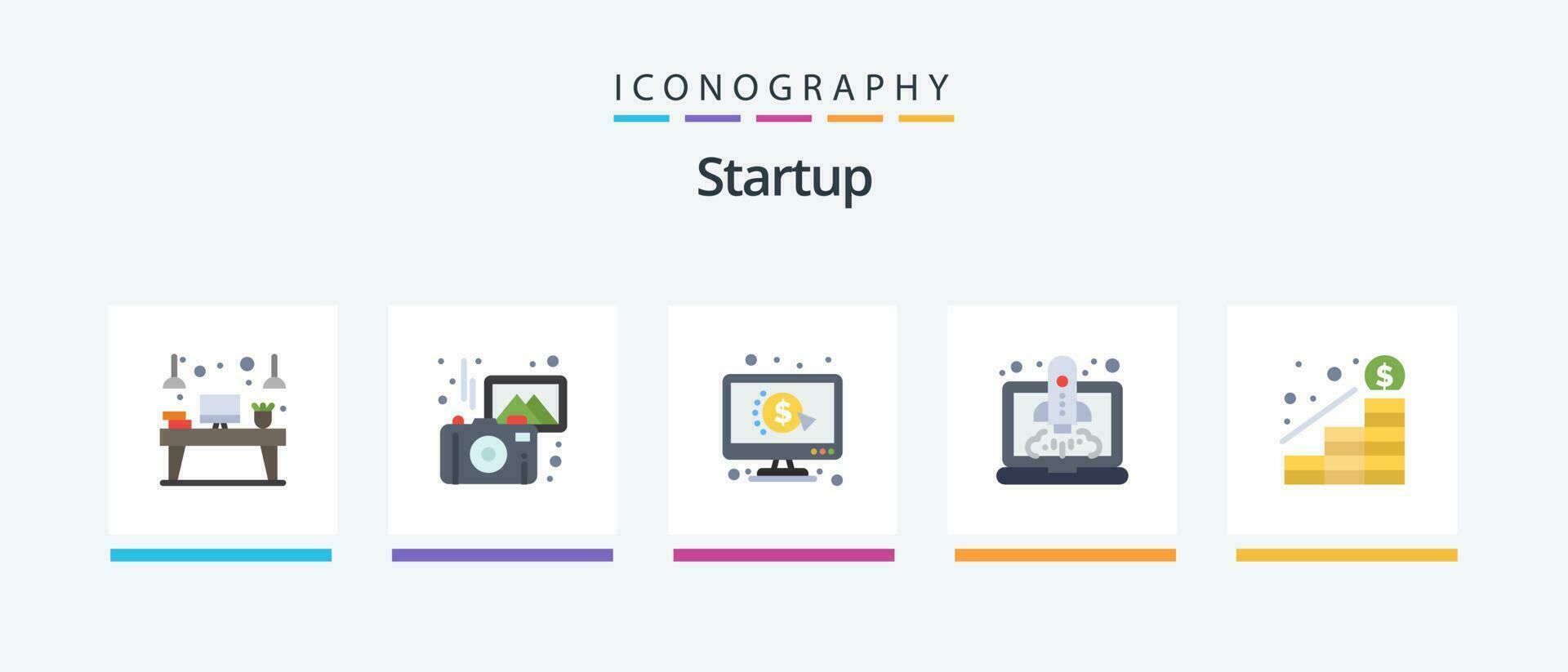 Startup Flat 5 Icon Pack Including growth. speedup. camera. launching. ppc. Creative Icons Design vector