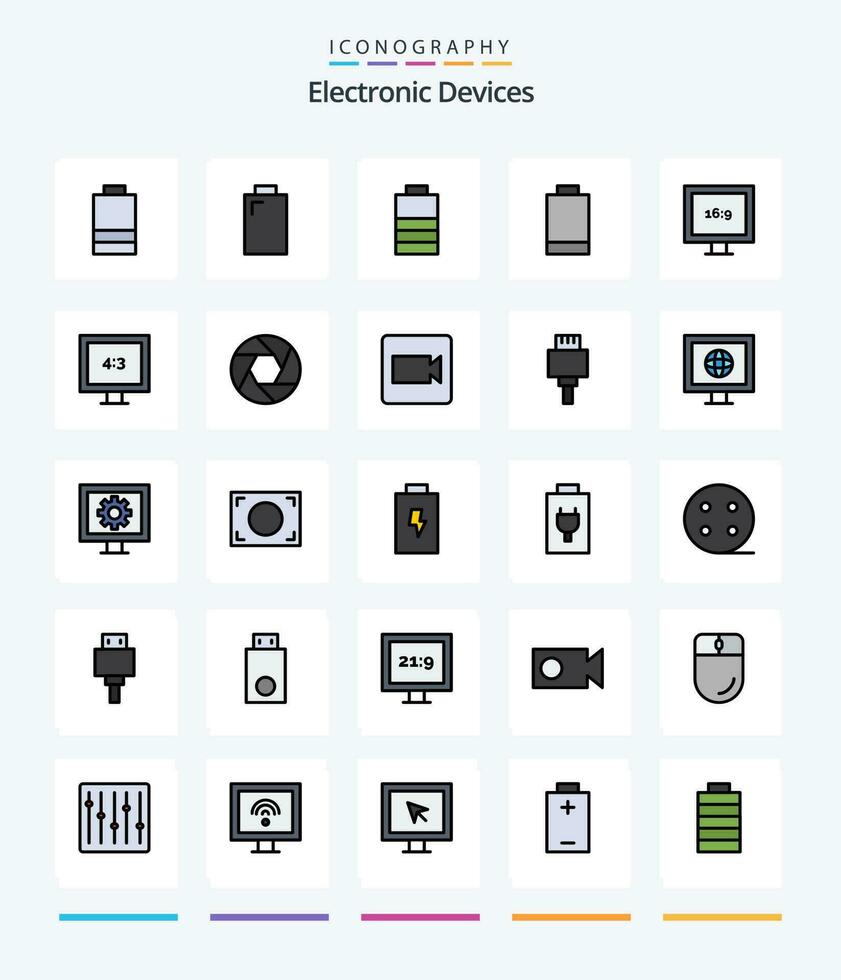 Creative Devices 25 Line FIlled icon pack  Such As devices. video. tv. record. photo vector