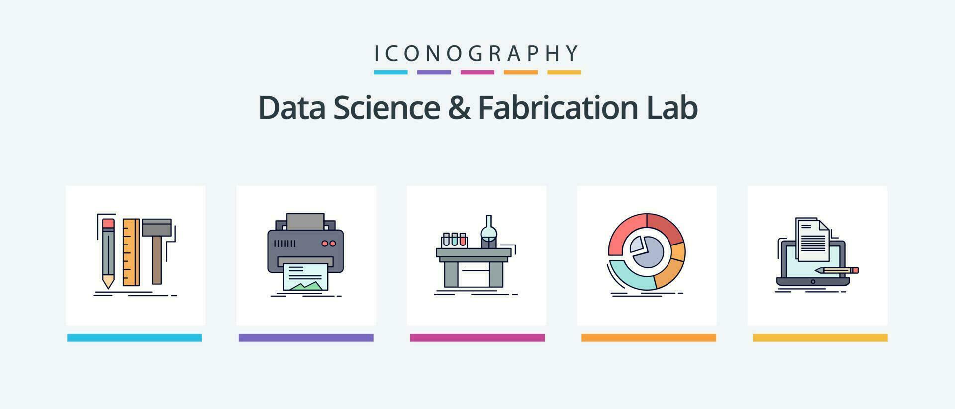 datos Ciencias y fabricación laboratorio línea lleno 5 5 icono paquete incluso electrónica. Plano. informes pruebas. estudiar. creativo íconos diseño vector