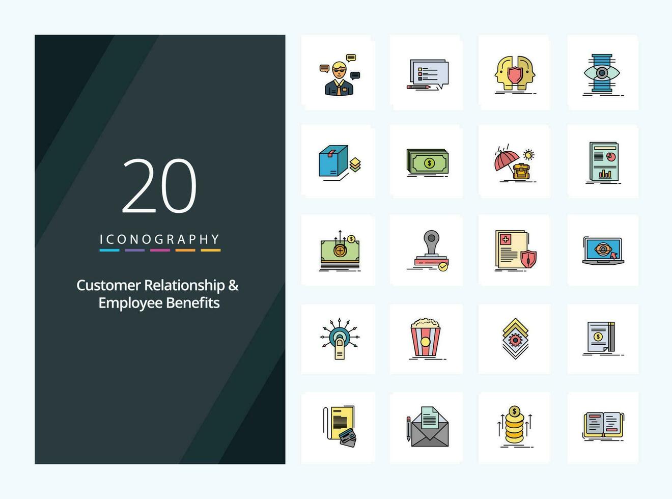 20 Customer Relationship And Employee Benefits line Filled icon for presentation vector