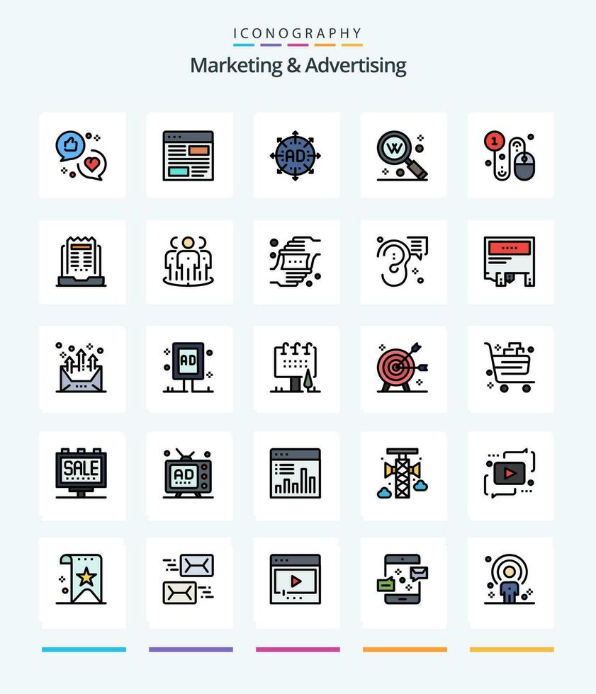 creativo márketing y publicidad 25 línea lleno icono paquete tal como buscar. llave. disposición. marketing. flecha vector