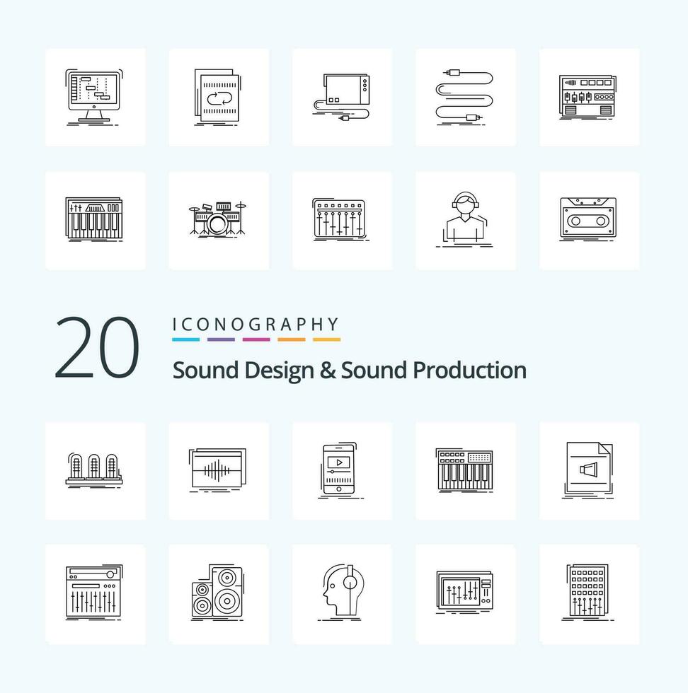 20 Sound Design And Sound Production Line icon Pack like keyboard mobile hertz video music vector