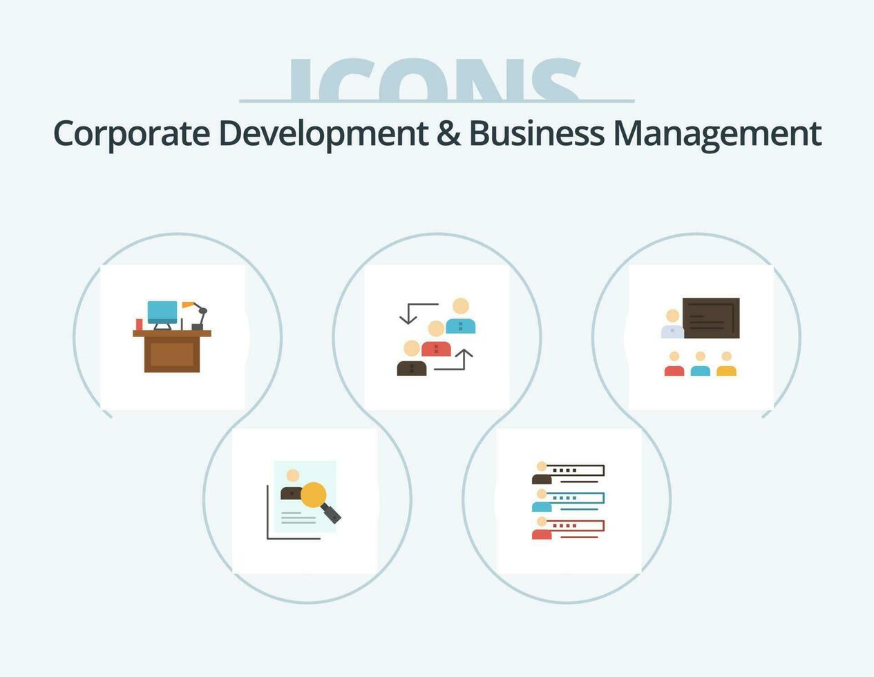 Corporate Development And Business Management Flat Icon Pack 5 Icon Design. desktop. computer. skills. team. settings vector