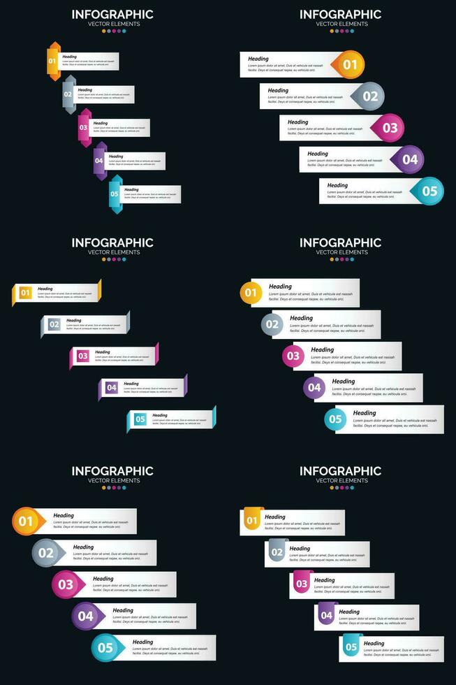 plantilla de diapositiva de presentación del paquete de infografías vectoriales 6 diagramas de ciclo de 5 pasos y líneas de tiempo vector