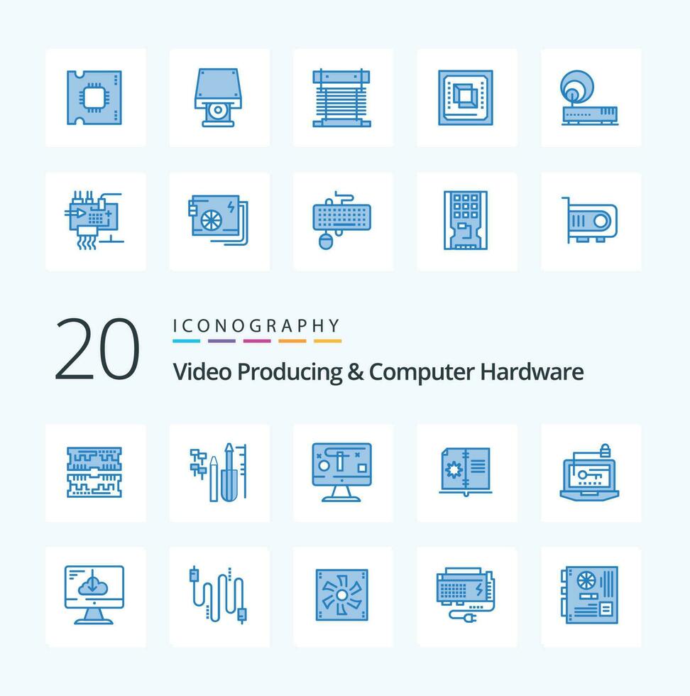 20 Video Producing And Computer Hardware Blue Color icon Pack like computer instruction computer hardware book vector