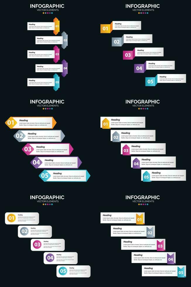 plantilla de diapositiva de presentación del paquete de infografías vectoriales 6 diagramas de ciclo de 5 pasos y líneas de tiempo vector