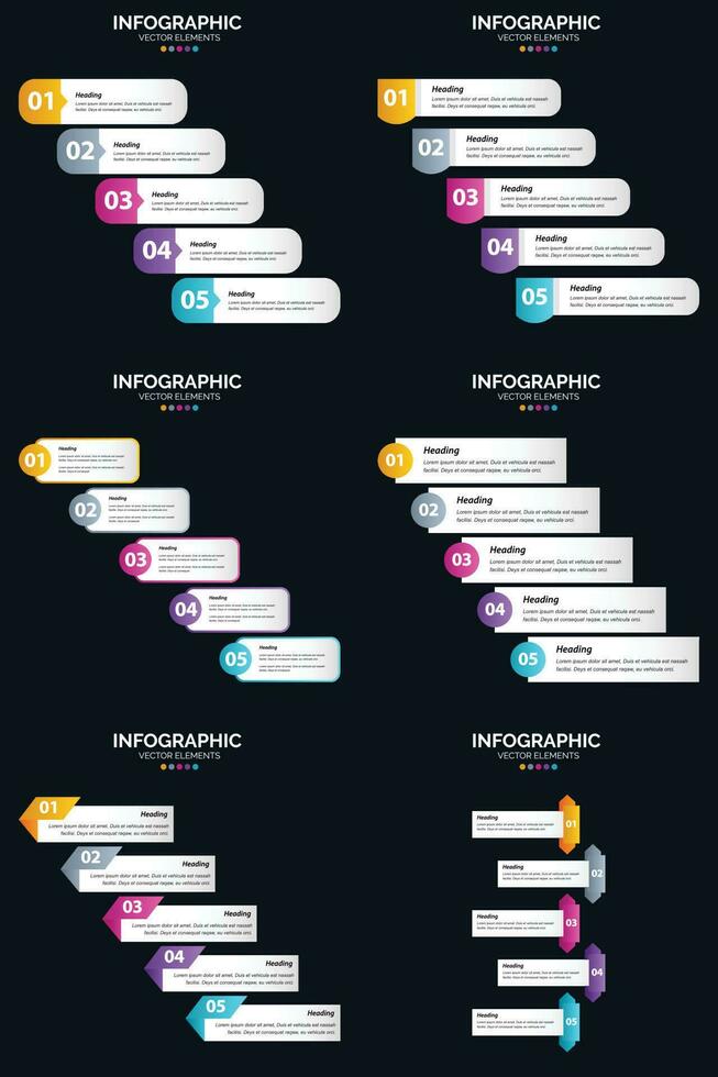 plantilla de diapositiva de presentación del paquete de infografías vectoriales 6 diagramas de ciclo de 5 pasos y líneas de tiempo vector