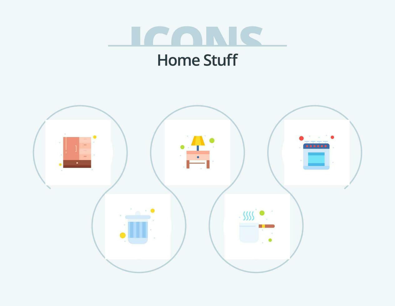 hogar cosas plano icono paquete 5 5 icono diseño. cocina. gabinete. mesa lámpara. bulbo vector