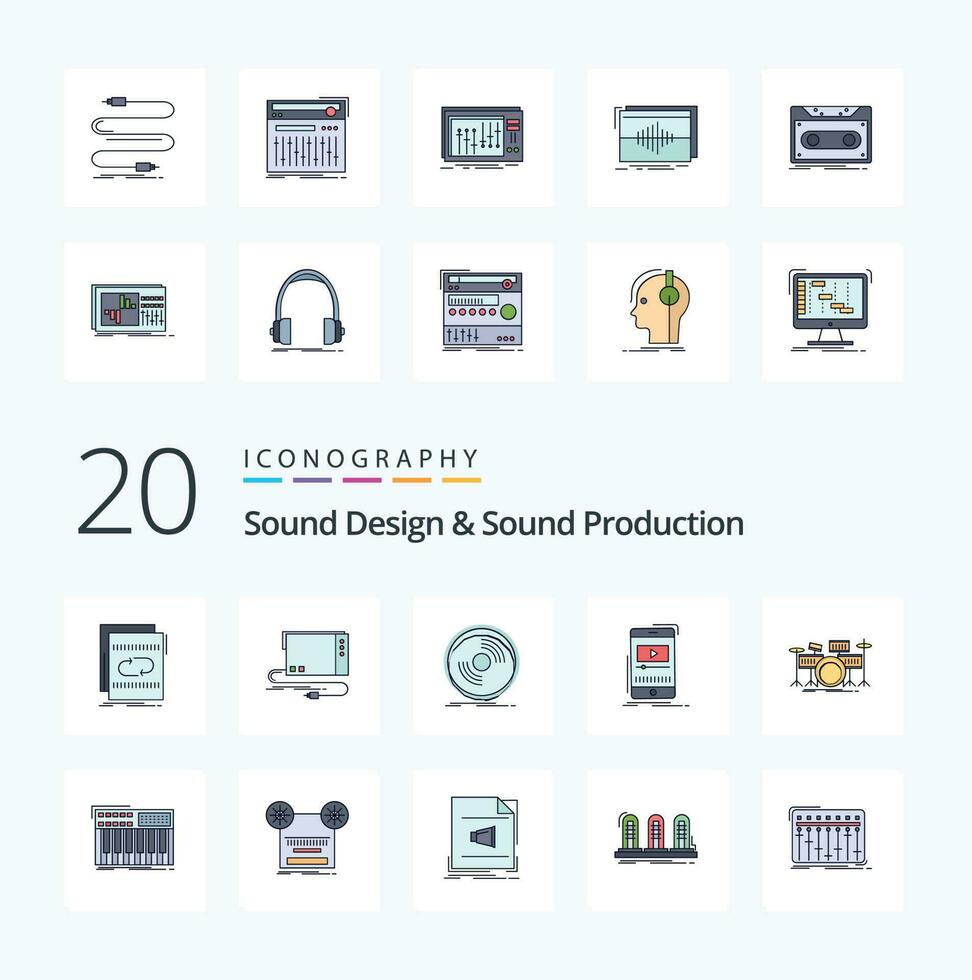 20 Sound Design And Sound Production Line Filled Color icon Pack like player media interface vinyl phonograph vector