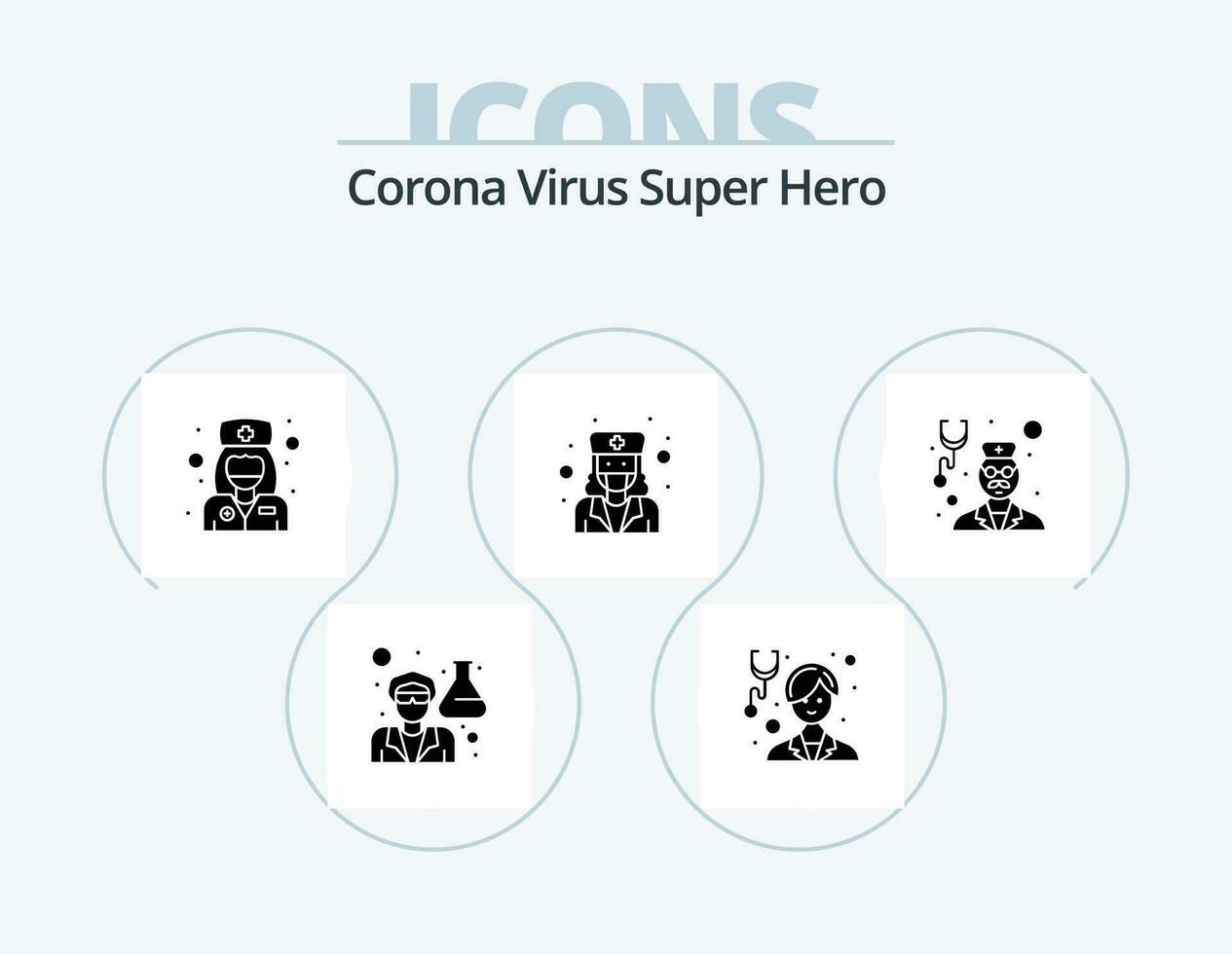 corona virus súper héroe glifo icono paquete 5 5 icono diseño. médico. enfermero. mujer. doctor. salud cuidado vector