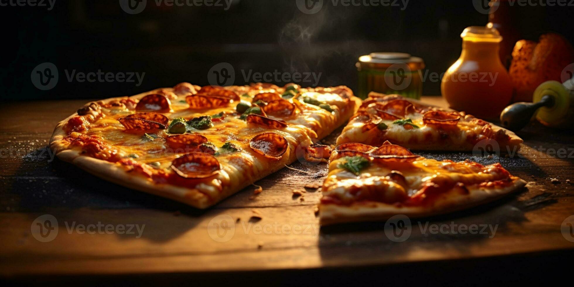 Pizza queso y salchicha borroso fondo, ai generar y foto
