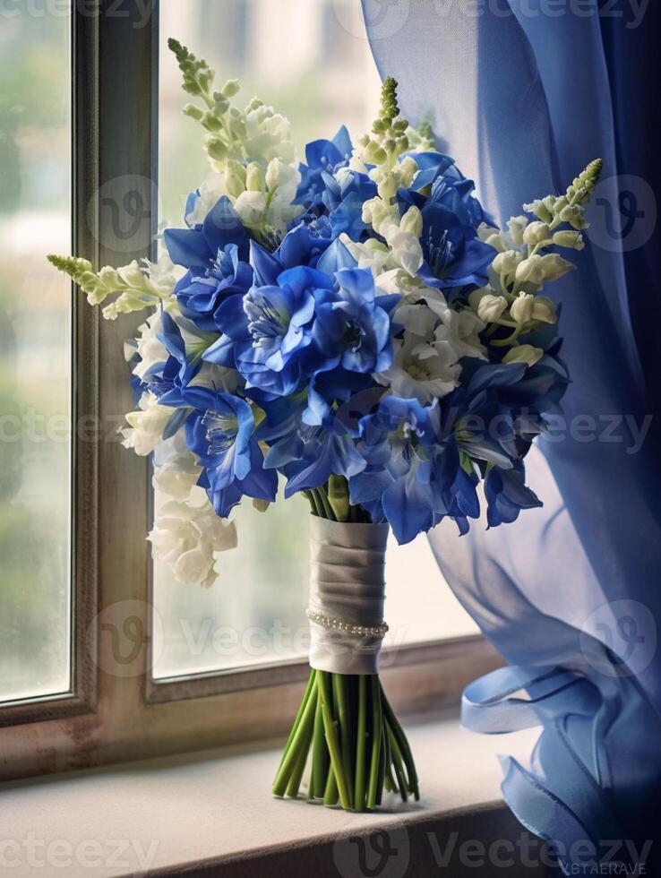 Blue delphinium flower copy space background. AI Generated photo