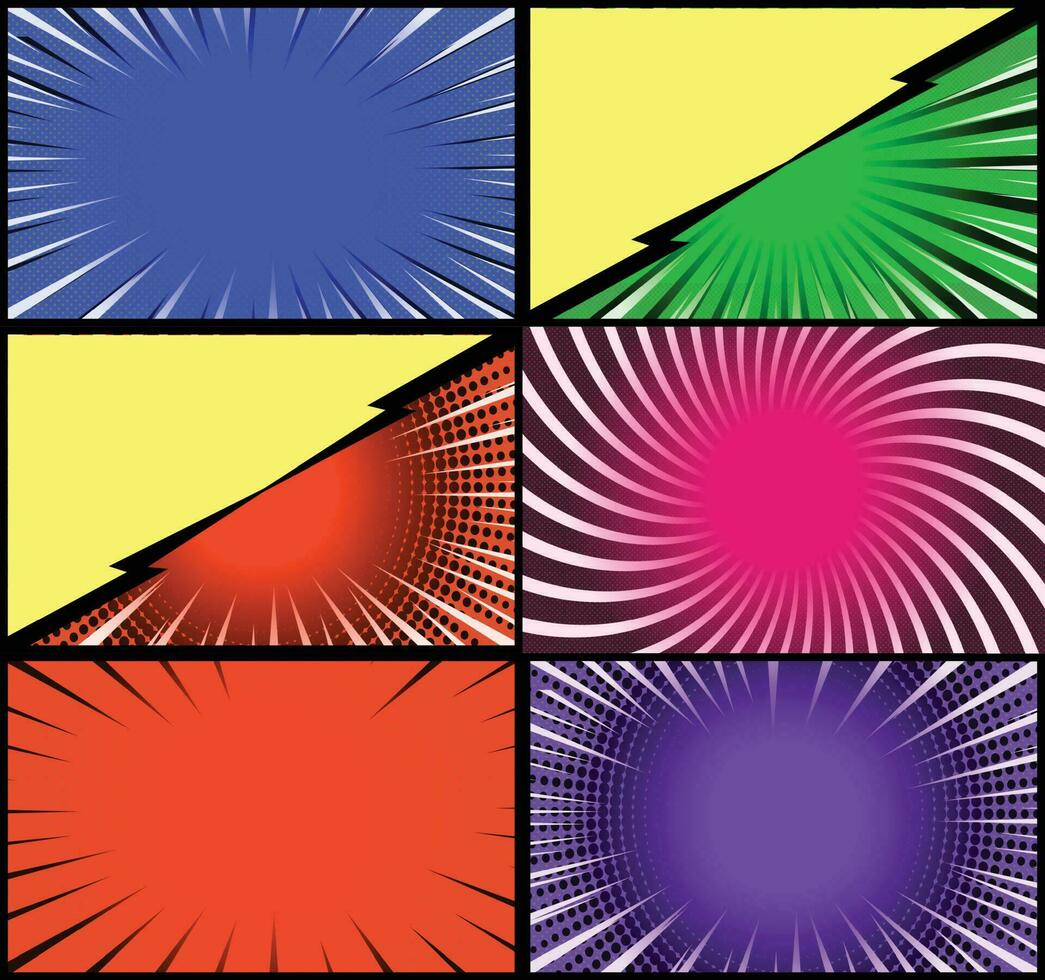 Comic book colorful frames background with halftone rays radial and dotted effects pop art style vector