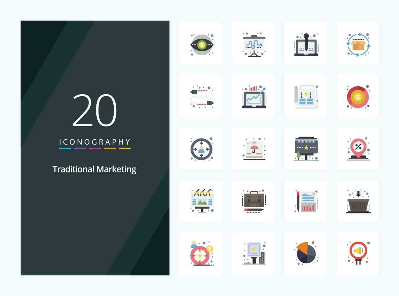 20 tradicional márketing plano color icono para presentación vector