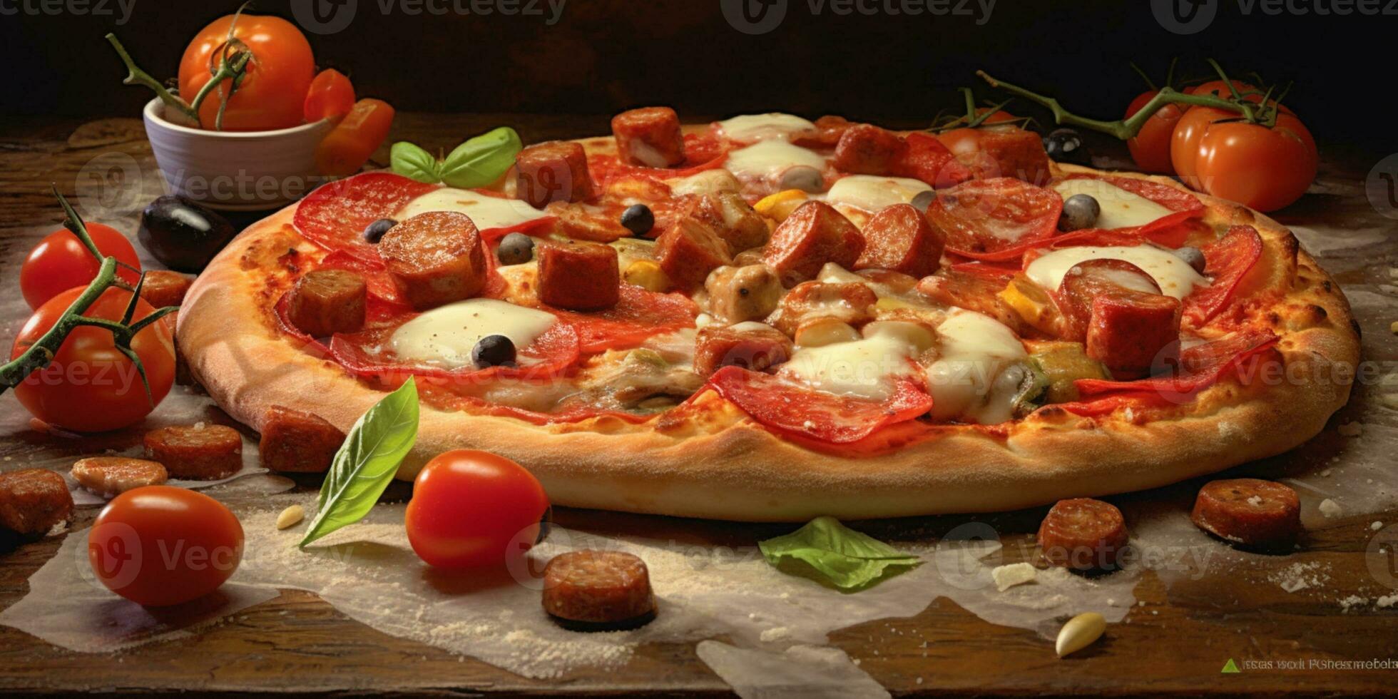 Pizza cheese and sausage blurred background, AI Generateand photo