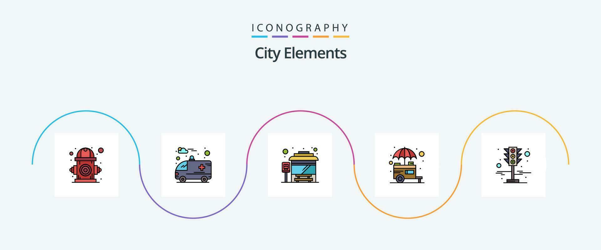 City Elements Line Filled Flat 5 Icon Pack Including signal. street. bus. stand. food vector
