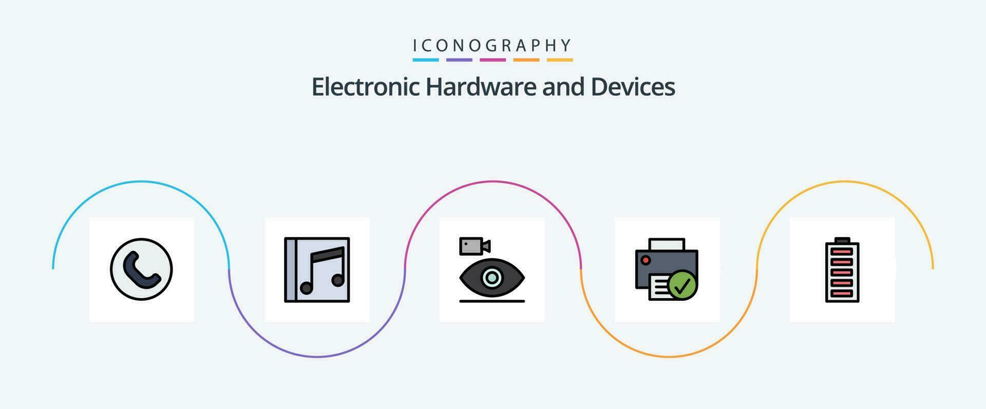 Devices Line Filled Flat 5 Icon Pack Including hardware. devices. cam. connected. media vector