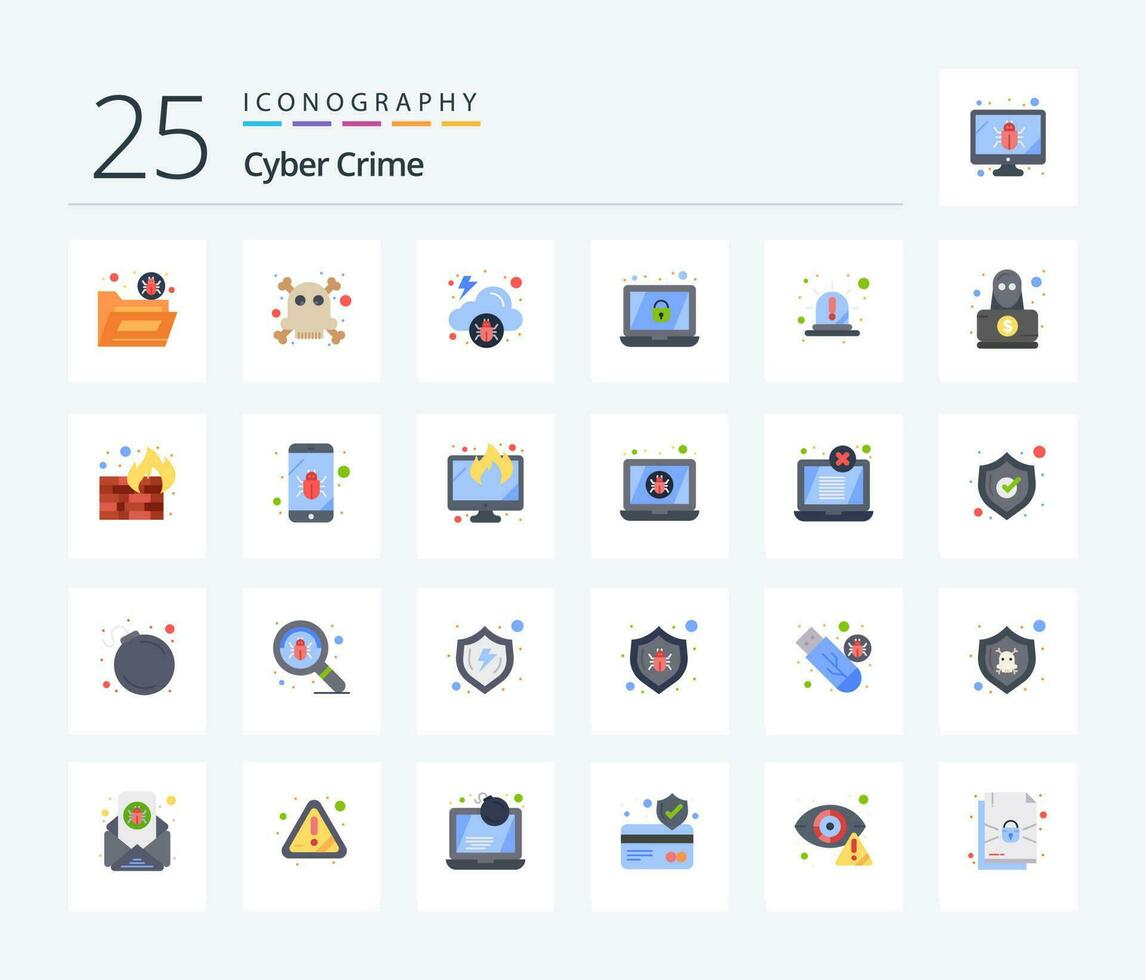 ciber crimen 25 plano color icono paquete incluso ligero. alerta. nube. cerrar con llave. cifrado vector