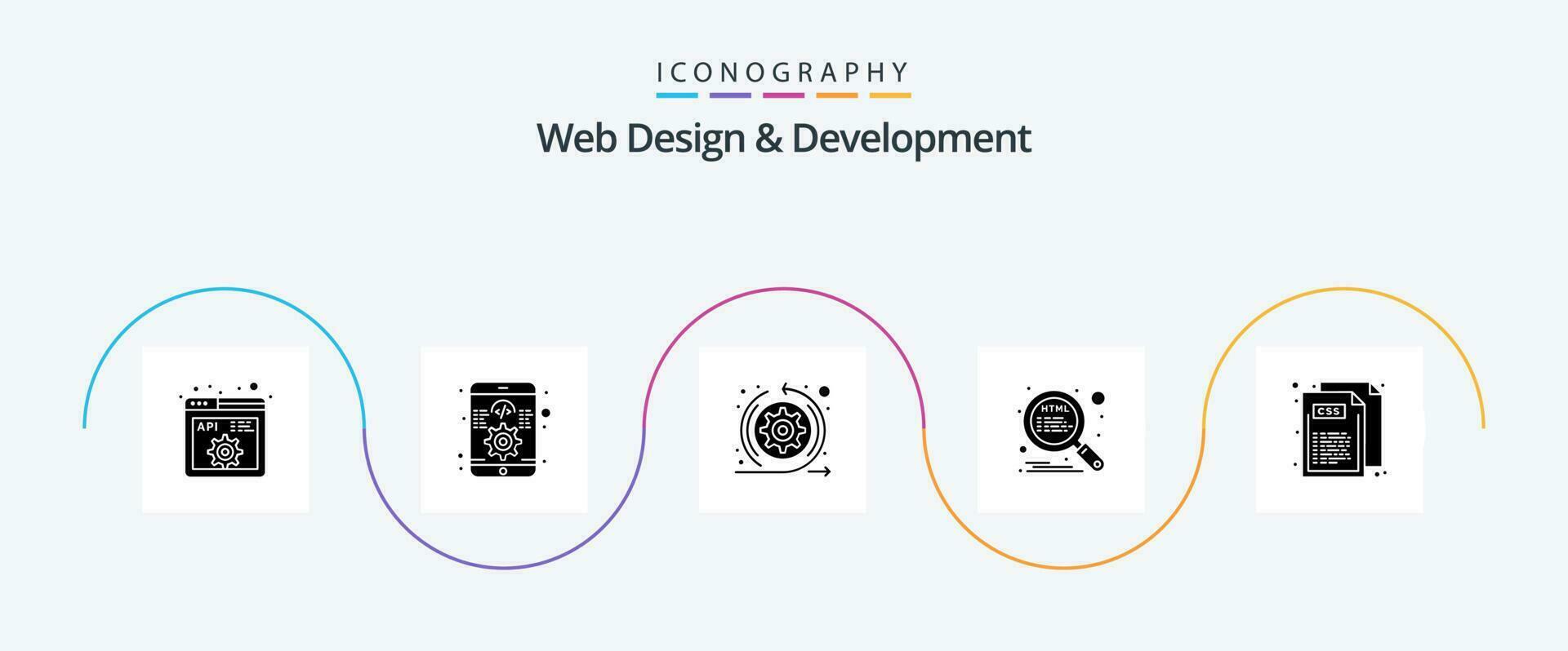 web diseño y desarrollo glifo 5 5 icono paquete incluso css. SEO ágil. buscar. html vector