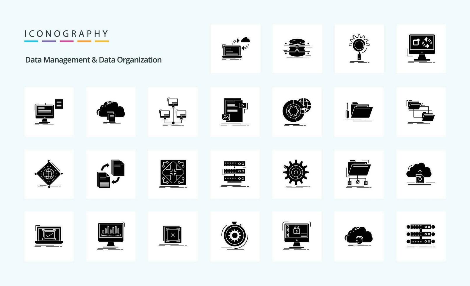 25 Data Management And Data Organization Solid Glyph icon pack vector