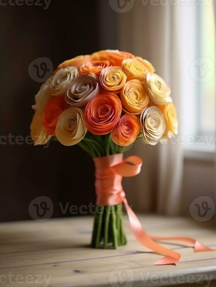 Ranunculus wedding bouquet flower on blurred window background. AI Generated photo