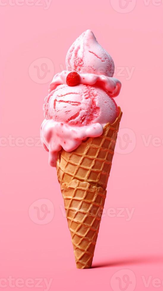 Ice cream cone waffle with strawberry topping background. AI Generated photo